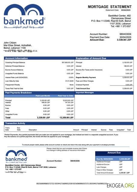 Modèle Word et PDF de relevé hypothécaire de Liban BankMed